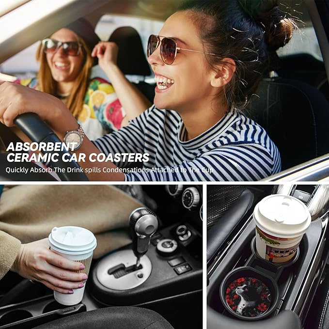 Absorbent Ceramic Car Coasters for Cup Holders, Black Cat Red Flower Design 2.56" Anti Slip Universal Drink Cup Coasters for Women Men (2 Pack)