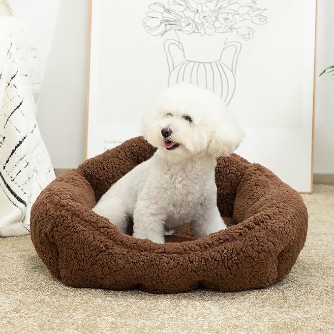 Hollypet Sherpa Fleece Dog Bed, Self-Warming Pet Bed for Small-Sized Dogs Cats Sleeping Bag Cushion, Rectangular Pet Bed, Brown