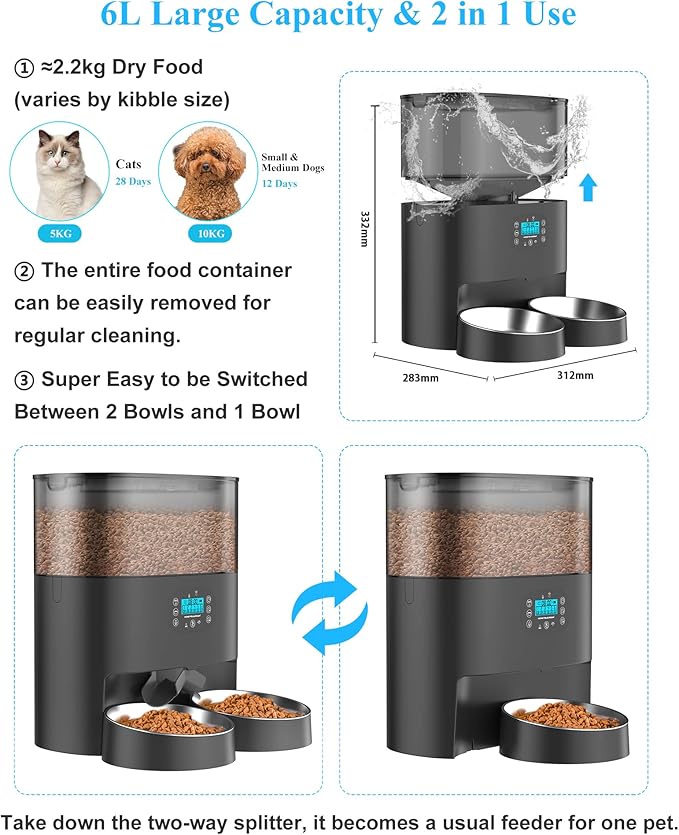 HoneyGuaridan 6L Automatic Cat Feeder for 2 Cats, 2.4G WiFi Enabled Smart Feed Automatic Pet Feeder for Cats & Dogs, Timed Pet Food Dispenser with Stainless Steel Bowl APP Control, 10s Voice Recorder