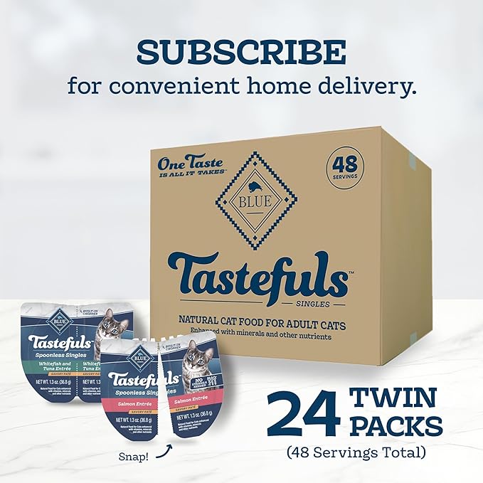 Blue Buffalo Tastefuls Spoonless Singles Variety Pack, Wet Cat Food Paté, 2.6-oz. Twin-Pack Trays, Whitefish/Tuna & Salmon Entreé (12 Count)