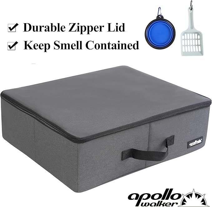 apollo walker Portable Cat Travel Litter Box with Zipped Waterproof Bag,Collapsible Litter Carrier for Cat with Zipped Lid and Handle, No Leakage, No Smell, Easy to Carry and Use in Hotels, Car Gray