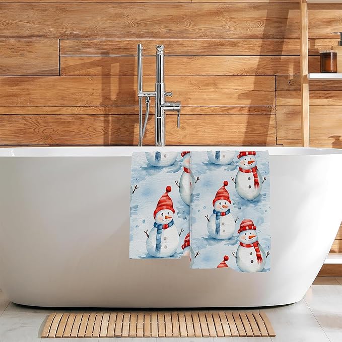 Christmas Snowman Bathroom Hand Towel Set of 2,Cute Winter Snowmans Soft Absorbent Decorative Fingertip Kitchen Towel for Bedroom Kitchen Hotel Home Deco