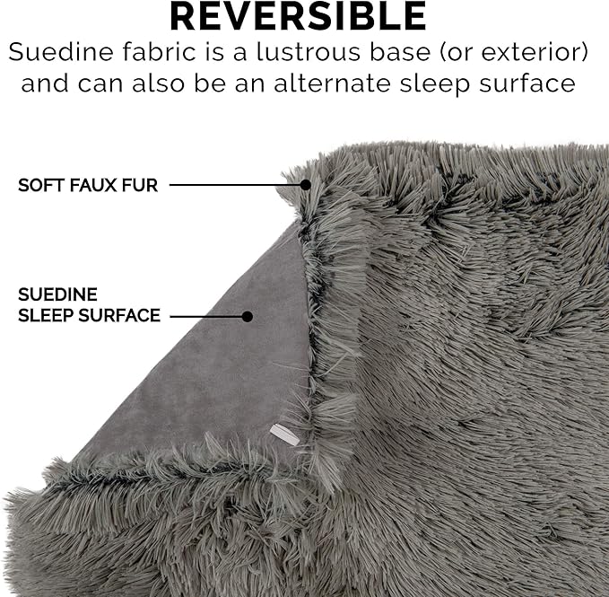 Furhaven Self-Warming Cat Bed for Indoor Cats, 4-Beds-in-1 & Washable - Plush Long Faux Fur Convertible Cuddler - Gray, Large, 35.5"L x 30.0"W x 0.5"Th