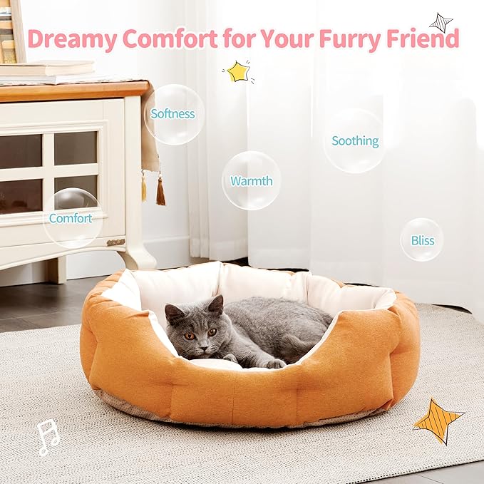 Made4Pets Cat Beds for Indoor Cats - Dog Beds for Small Dogs, Round Pet Bed for Puppy and Kitten, Washable Dog Bed with Anti-Slip Bottom, Removable Dual-Fabric Cushion for All Season, Orange