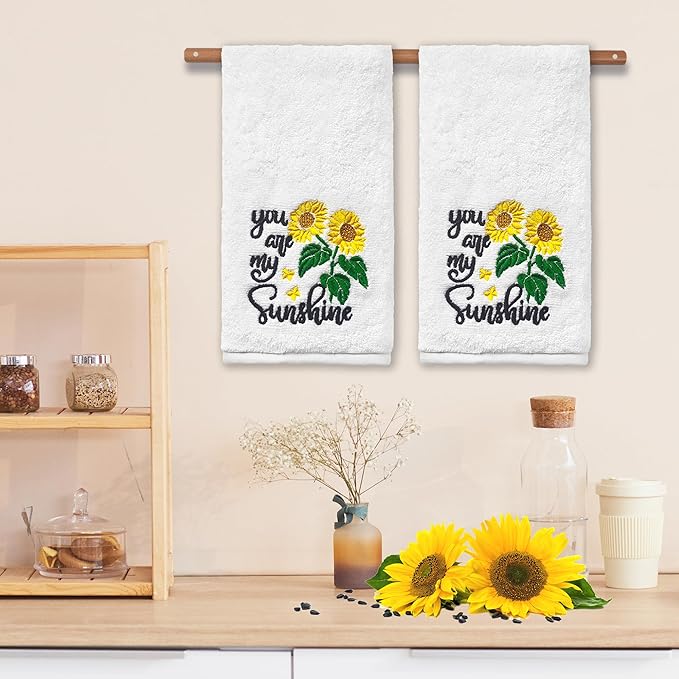 Sunflower Hand Towels - Set of 2, Embroidered 'You Are My Sunshine' Pattern, 100% Cotton Soft Towels for Kitchen & Bath, 14x30 Inches