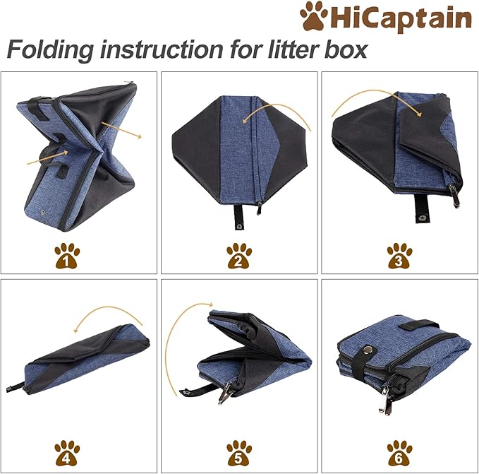 HiCaptain Portable Travel Litter Box, Foldable Cat Litter Box with Lid and Handle Standard Lightweight Collapsible Litter Carrier for Cat Travel(M,Black/Blue)