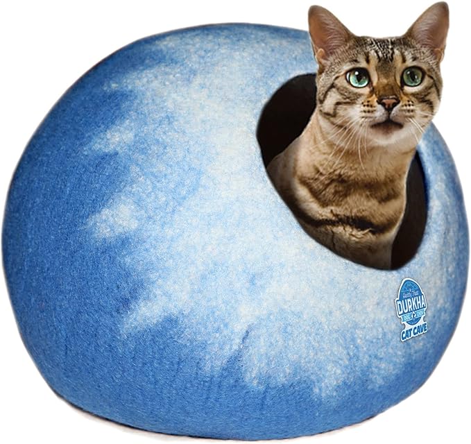 Felt Cat Cave Bed, Handmade Covered Cat Bed Cave, Wooly Cave for Cats, Dome Shaped Cat Pod, Cat Beds & Furniture, Felt Cat Beds for Indoor Cats (Light Blue and White)