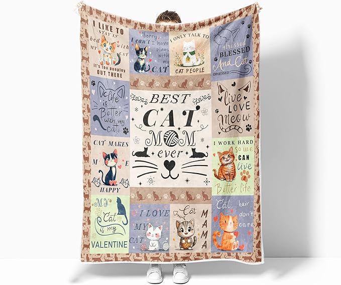 Cat Mom Gifts Throw Blankets for Women,Cat Mom Blankets Fleece Throw Blanket Cozy Soft Lightweight Couch Sofa Bed,Blue Blankets Bedding Gifts for Cat Lover for Mothers Day