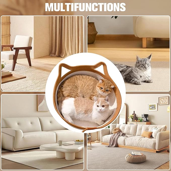 Hand Woven Cat Bed Basket Nest Round with Toy Tail, Natural Cotton Linen Cat Scratch Pad, Pet Sleeping Bed House Scratcher Scratch Mat Pad for Puppy Small Dogs Indoor Cat Summer (Large)