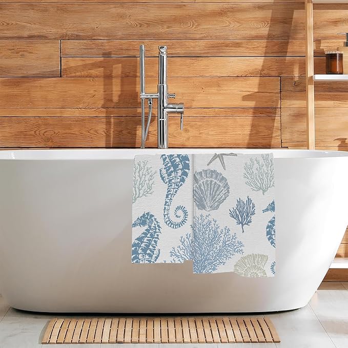 Seahorse Seashells Starfish and Coral Hand Towel for Bathroom Set of 2,Blue Marine Lifes Bathroom Hand Towel,Soft Absorbent Decorative for Hotel Home Decor