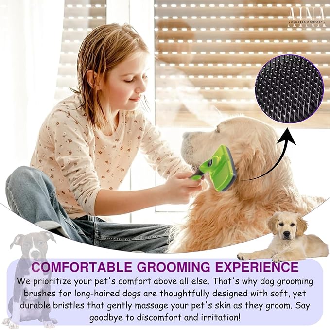AINA Self-Cleaning Pet Grooming Brush | Pet Slicker Brush for Dogs & Cats Detangling & Fur Removal with Click Clean Button | Effective & Comfortable Pet Deshedding Brush, Perfect for Pet Grooming