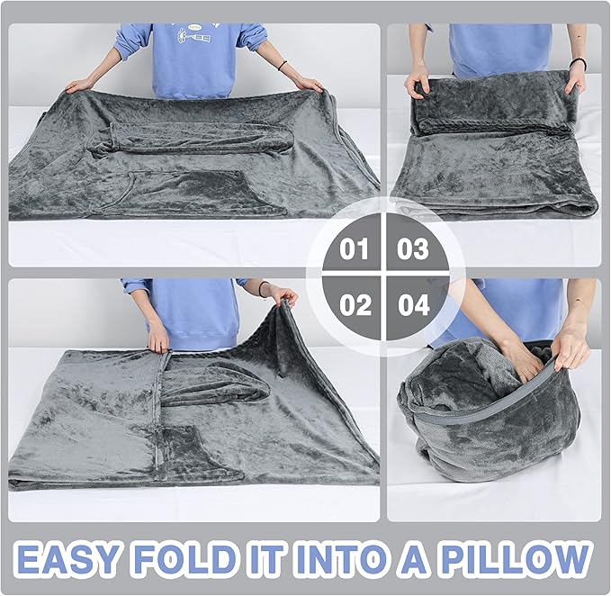 Solaris Travel Wearable Blanket with Sleeves, 2 in 1 Packable Airplane Pillow Blanket for Adult Women Men, Soft Cozy Warm Snuggy Body Blanket for Outdoor Indoor Home Lounge, Gray
