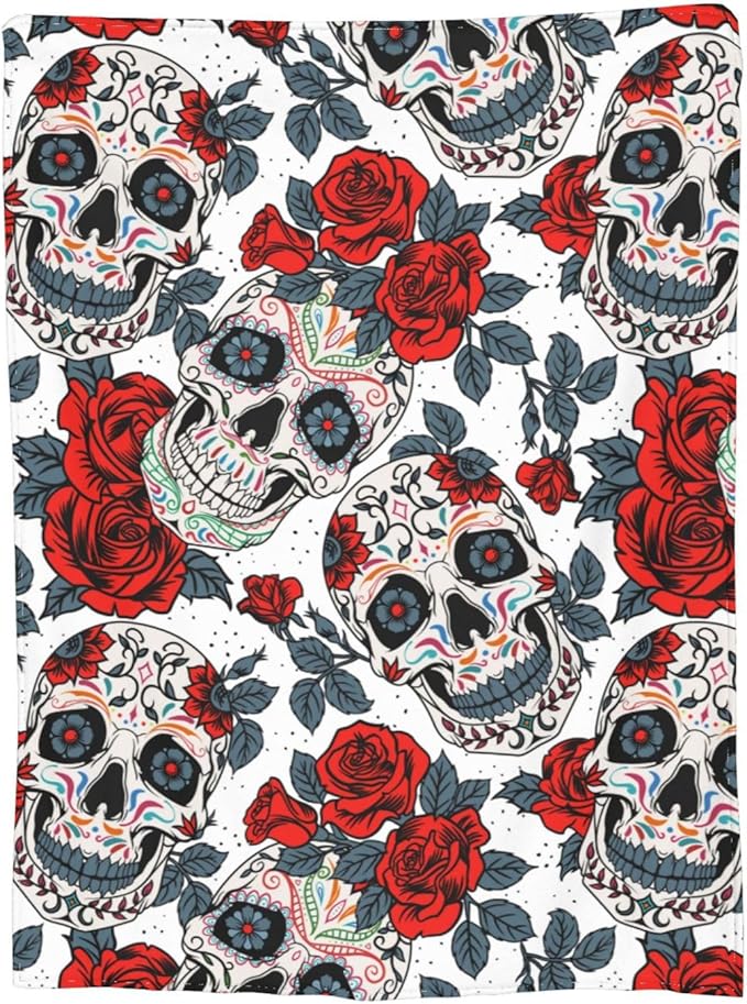 Ultra-Soft Microfiber Throw Blanket 330 GSM Fuzzy Fleece Blanket for Adults Kids Gift Couch, Sofa, Bed Skull Rose 80"x60"