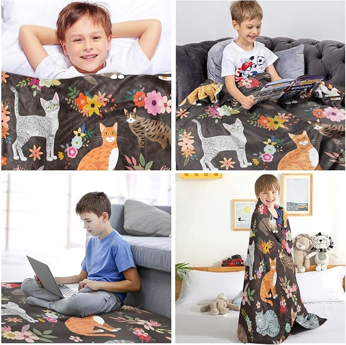 Cats Blanket Cat Present Soft Flannel Lightweight Cats and Flowers Throw Blanket for Kids Girls Boys All Season Cartoon Animals Blankets for Sofa Couch Bed Decorative Cat Blue Blanket 50x60inch