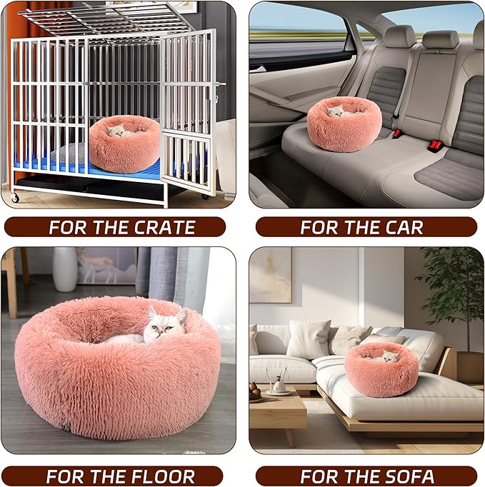 CHCFURPT Calming Dog Bed for Cats and Small Dogs, Donut Washable Small Cat Bed for Indoor Cats and Dogs, Anti-Slip Round Fluffy Plush Faux Fur Pet Bed for Small Cats and Dogs (Pink, 19.7')