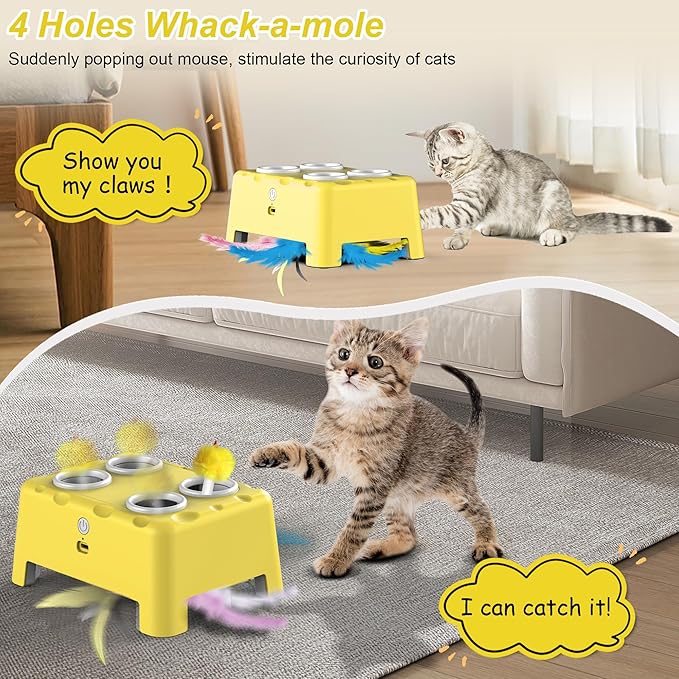 Cat Toys, Interactive Cat Toys, 2-in-1 Automatic Cat Toy, 4 Holes Mice Whack A Mole Cat Mouse Toy with Moving Feather, Portable USB Rechargeable Electronic Kitten Toys (Yellow)