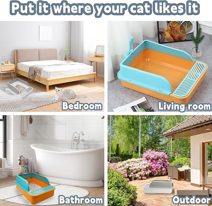 BNOSDM Sifting Litter Box Open Cat Litter Box with High Sides Detachable Kitten Toilet Semi-Enclosed Litter Tray Pan with 16 Piece Kitten Starter Kit for Small Cat Kitty, Pink