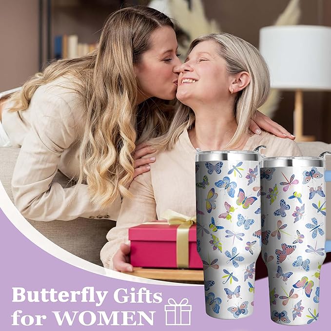 40 Oz Butterfly Tumbler with Handle and Straw, Double Wall Stainless Steel Cup, Butterfly Tumbler with Lid and Straw, 40 Oz Water Bottle and Mugs for Women Gifts