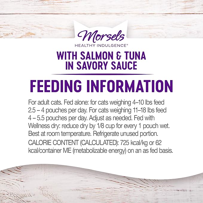 Wellness Healthy Indulgence Morsels Grain-Free Wet Cat Food, Made with Natural Ingredients and Quality Proteins, Complete and Balanced Meal, 3 oz Pouches (Salmon & Tuna in Savory Sauce, 24 Pack)