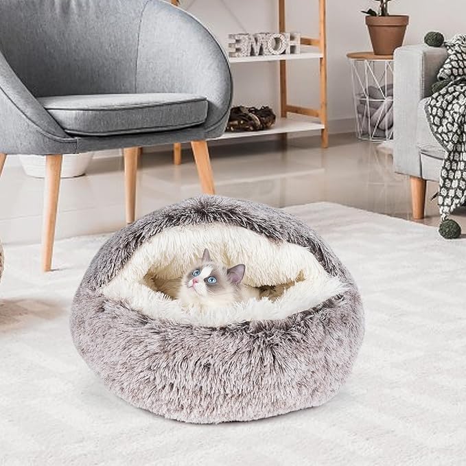 Cat Beds & Dog Bed with Cover Cave, Dog Beds for Small Dogs, Round Soft Plush Donut Calming Pet Bed for Indoor Cats or Small Dog, Washable Puppy Bed with Non-Slip Bottom-16inch
