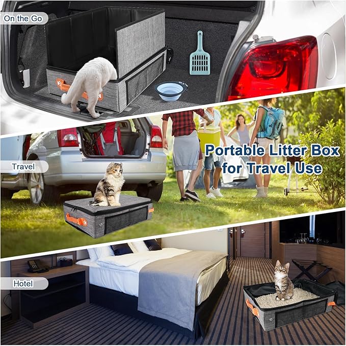 17.7*13.5*13.75" Large Travel Litter Box for Cats, Collapsible Cat Litter Box with Lid, Portable Cat Box with Zipper & Hard Bottom, Leak-Proof Kitty Litter Box for Car Hotel Airplane, Water-Resistant