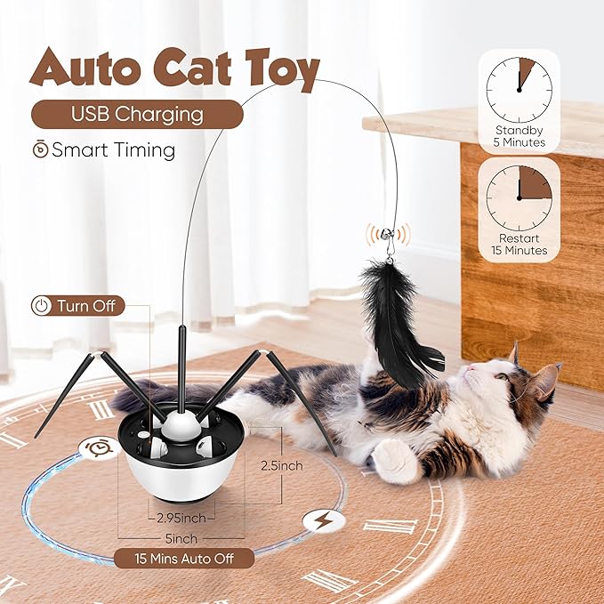 Cat Toys for Indoor Cats Automatic Cat Toy Cat Dancer Interactive Cat Toy Kitten Toys with Feather Butterfly Ribbon Cat Wand Catnip Toys for Cats Enrichment USB Rechargeable (Black)
