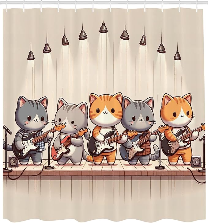 Ambesonne Cat Shower Curtain, Kawaii Kitties Playing Electric Guitars Funny Anime Animals Band Cartoon, Cloth Fabric Bathroom Decor Set with Hooks, 69" W x 84" L, Grey Orange and Pale Tan