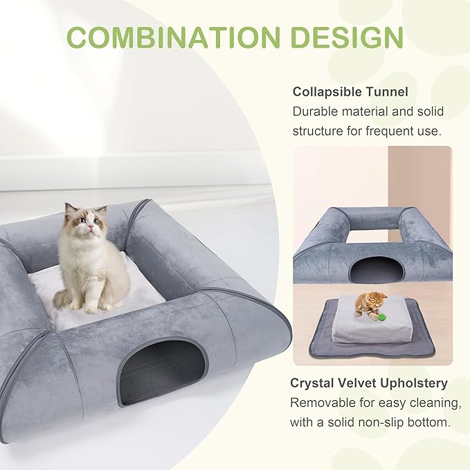 Cat Tunnel Bed, Collapsible Peekaboo Pet Cave Indoor for Multiple Kittens and Rabbits to Play, Sturdy and Scratch Resistant - Cat Interactive Toys, Removable Washable Soft Cushion (Gray, No Door)