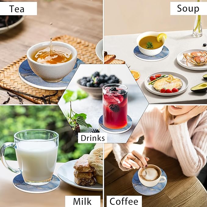 Blue Marble Fluid Set of 6 Coasters for Drinks Absorbing Round Ceramic Stone Coaster with Cork Base,Tabletop Protection Mat for Mugs and Cups,Office,Kitchen