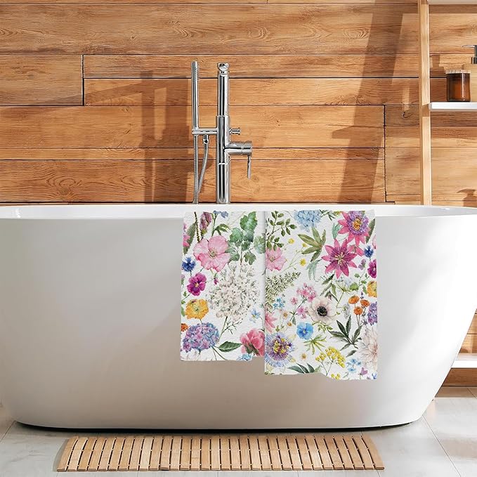 Colorful Flowers Botanical Leaves Hand Towel Set of 2,Watercolor Spring Floral Soft Absorbent Decorative Bathroom Kitchen Towel for Bathroom Kitchen Hotel Gym Yoga