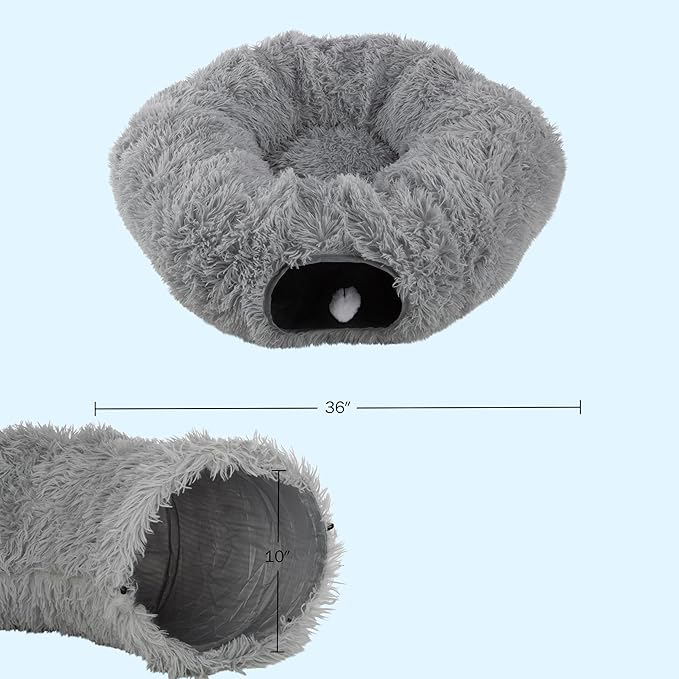 Cat Tunnel with Cat Bed for Indoor Cats - 3FT Multifunctional Cat Tunnel Bed with Cat Toys - Soft, Plush Peekaboo Cat Cave for Kittens, Cats, Ferrets, and Rabbits - Cat Products by PETMAKER (Gray)