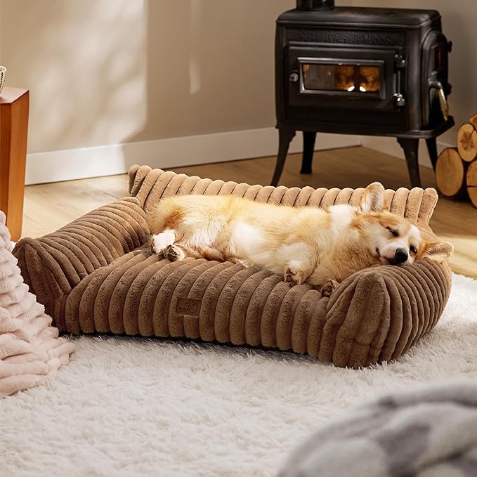 Bedsure Cute Dog Couch for Pets - Fluffy Dog Sofa with Premium Soft Corduroy Fleece, Dog Couch Bed with Washable Cover, Supportive Dog Sofa Bed for Medium Large Dogs, 36in, Copper Brown