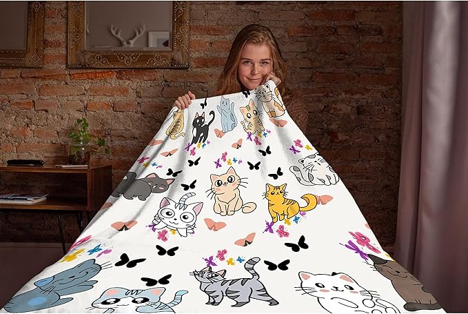 Cute Cat Butterfly Blanket Throw Super Soft and Cozy Blankets for Home Decoration, Couch, Bed, Sofa 60 in x 50 in Medium for Teen for All Seasons