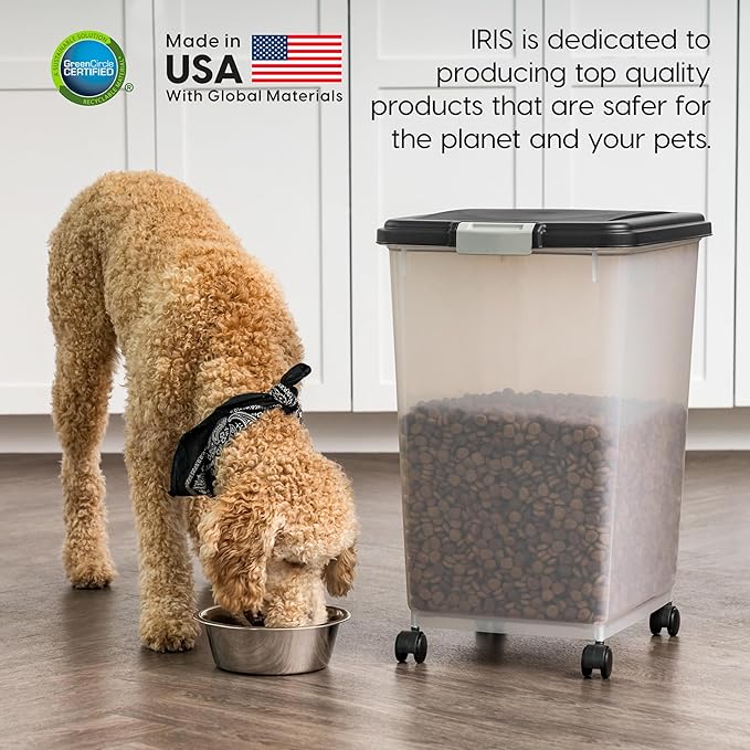 IRIS USA Airtight Dog Food Storage Container, Up to 54 lbs, Attachable Wheels, For Dog Cat Bird and Other Pet Food Storage Bin, Keep Fresh, Translucent Body, Easy Mobility, Black