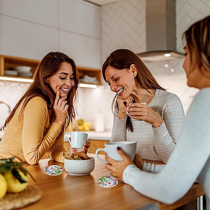 Cactus Pink Roses Flowers Car Coasters for Cup Holders, Car Accessories, 2 Pack Absorbent Ceramic Car Cup Holder Coasters for Drinks, for Women Men, Universal Non-Slip with Finger Notch