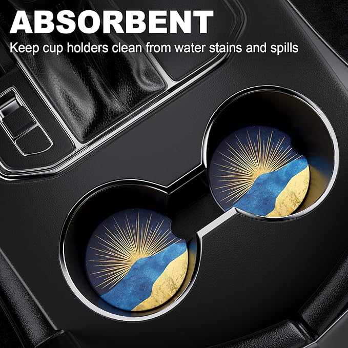 2 Pack Car Cup Holder Coaster, 2.63 inch Anti Slip Insert Absorbent Ceramic Car Coaster with Cork Base and Finger Notch, Cute Car Accessories Interior for Women, Cute Car Coasters., Rays