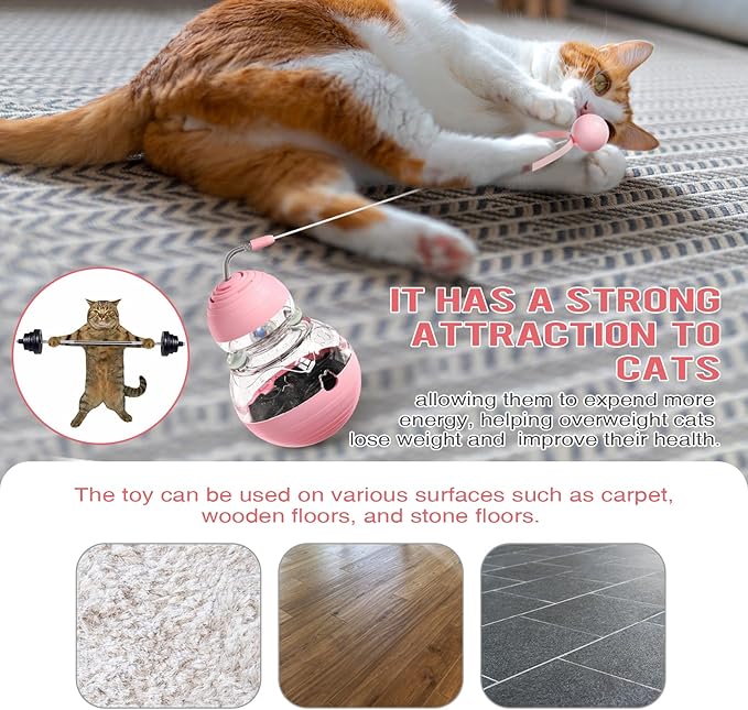 Cat Treat Toy for Indoor Cats,Food Toys Interactive Spinning Funny Cat Food Puzzle Toys with Ball Bulb Cat Self Play Treasure Gourd Cat Toys(Pink)