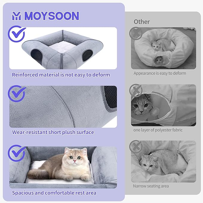 Cat Tunnel Bed, Sturdy and Scratch-Resistant, Indoor Cat Cave with Removable Soft Cushion, Removable Cat Tunnel for Cats and Multiple Cats (Gray)