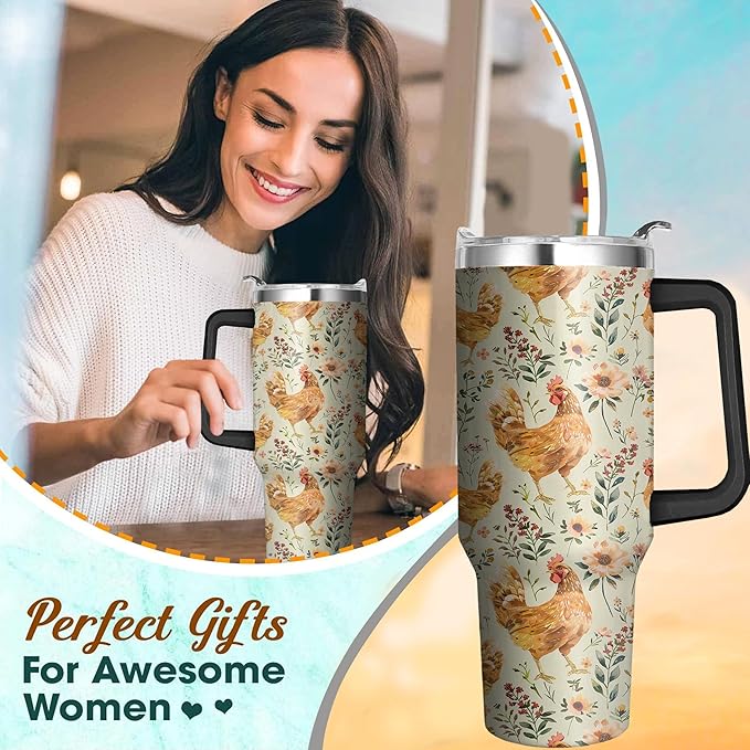 40 Oz Chicken Tumbler with Handle and Straw, Double Wall Stainless Steel Mug, Insulated Rooster Cup Gifts for Chicken Lovers, Travel Mug