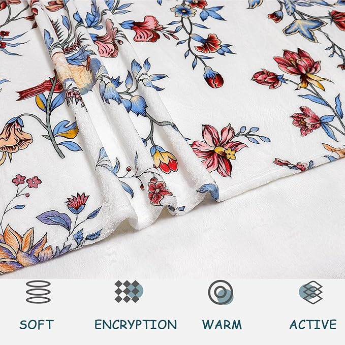 Bird Floral Throw Blanket Flower Plant Cozy Fuzzy Plush Throw Blanket Flannel Fleece Throw Blankets Gift for Women Girl Adult Boho Blankets for Bed Sofa Travel 50" x 60" Inch