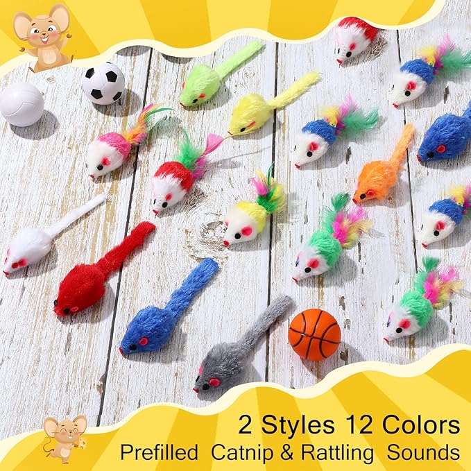 Syhood 120 Pcs Fur Mice Cat Toys Catnip Mouse Toys with Rattle Sound for Cats Mini Mice for Indoor Cats Kitten Interactive Play Assorted Color