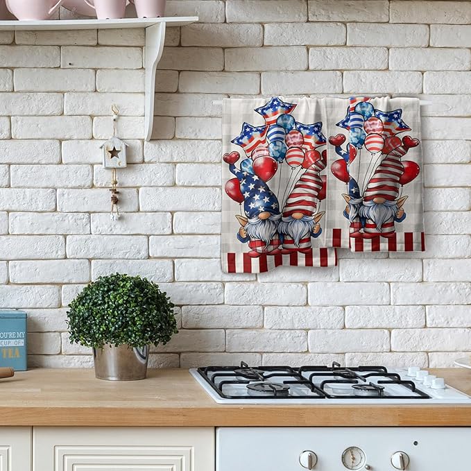 Patriotic Gnomes Hand Towels Set of 2 American Flag Kitchen Dish Towel Star Balloon Soft Microfiber Face Towel for Bathroom Home Decor