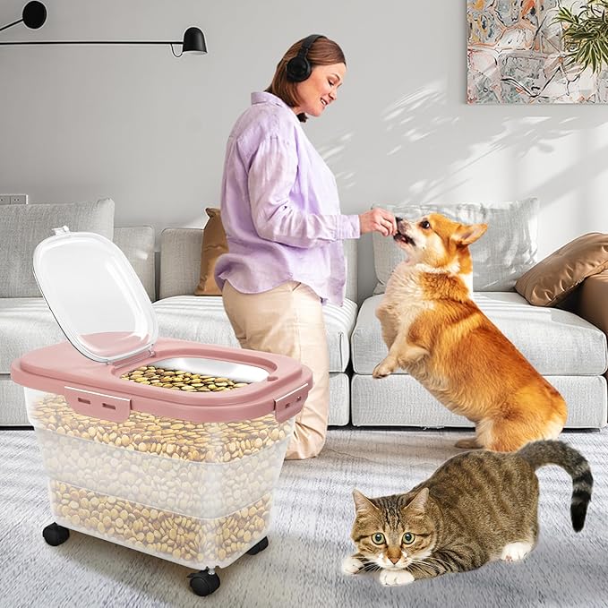 Airtight Pet Food Container, Collapsible Dog Food Storage Container 17-20 lb with Castors, Plastic Dog Food Bin with Pet Food Scoop & Measuring Cup for Dry Food Storage(red)