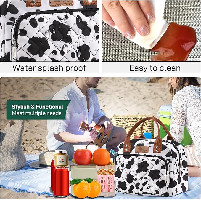 Buringer HOMESPON Lunch Bag for Woman Man Adults with Front Pocket Insulated Lunch Tote Lunch Box Container for Work Picnic or Travel(Cow)