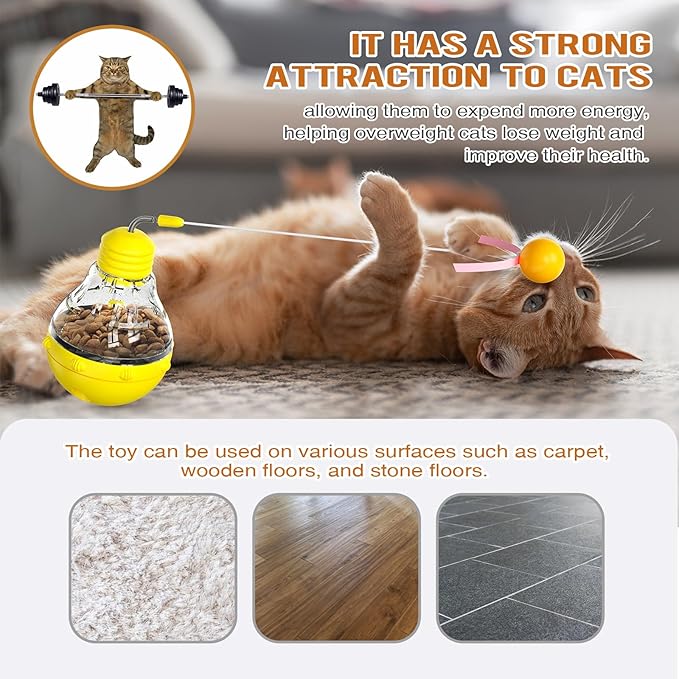 Light Bulb Tumbler cat Toy, Never Knocked Over by Cats, high Elasticity cat Teaser Stick, Slow Food Distribution Toy, Cat's Enlightenment Puzzle Toy - Blue (Yellow)