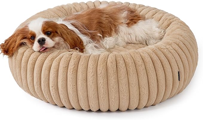 Bedsure Donut Medium Dog Bed - Washable Faux Fur Dog Bed Medium Size Dog with Corduroy Fleece & Anti Slip Bottom, Round Pet Beds with Removable Cover, Sandy Tan, 30x30x8 inches