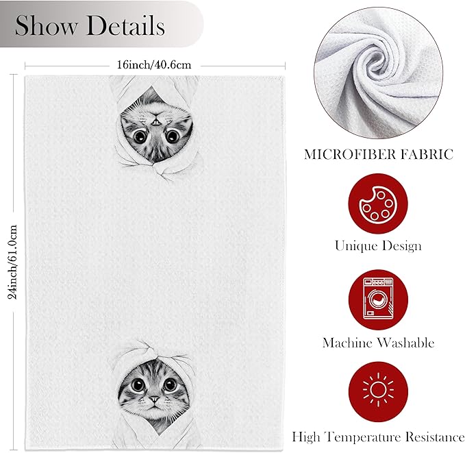 Funny Cat Hand Towels for Bathroom - Gifts for Cat Lovers, Mom, Lady - Cute Decor, 16x24 Inch