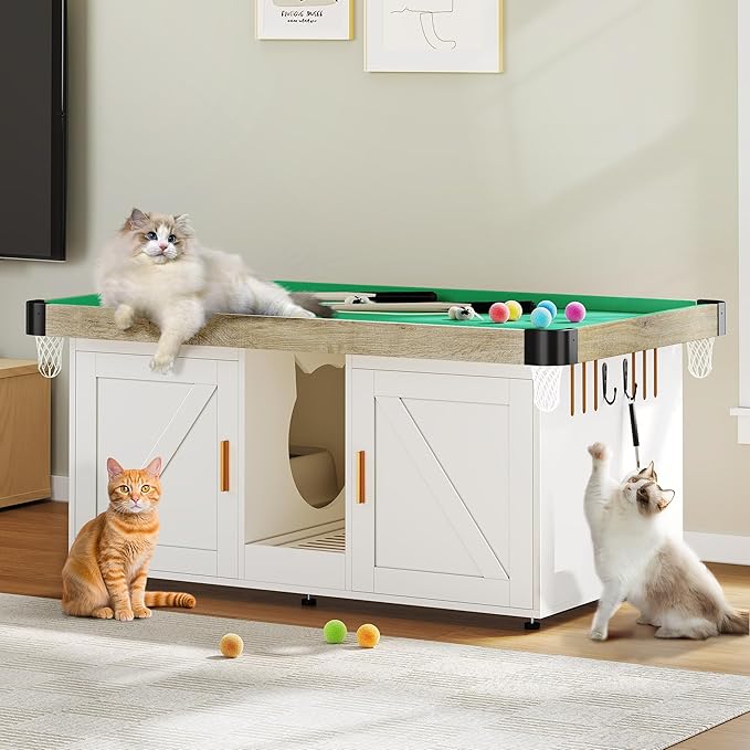 DWVO 4 in 1 Cat Toys Mini Pool Table for Cats, Litter Box Enclosure for 2 Cats, Cat Pool Table Tower with Feather Wand Interactive Exercise Play Rest Beds & Litter Box Furniture, White, Large