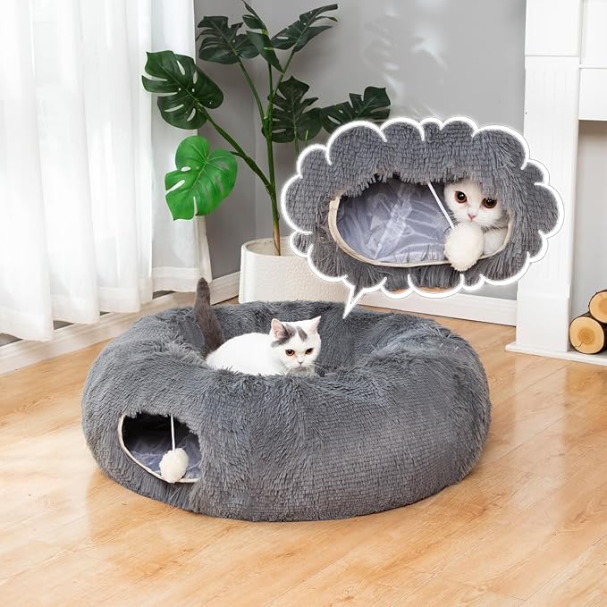 LUCKITTY Warm Fluffy Plush Cat Dog Tunnel Bed with Washable Cushion-Big Tube Playground Toys 3 FT Diameter Longer Crinkle Collapsible 3 Way, for Indoor Cat Kitty Kitten Puppy Rabbit Ferret Dark Gray
