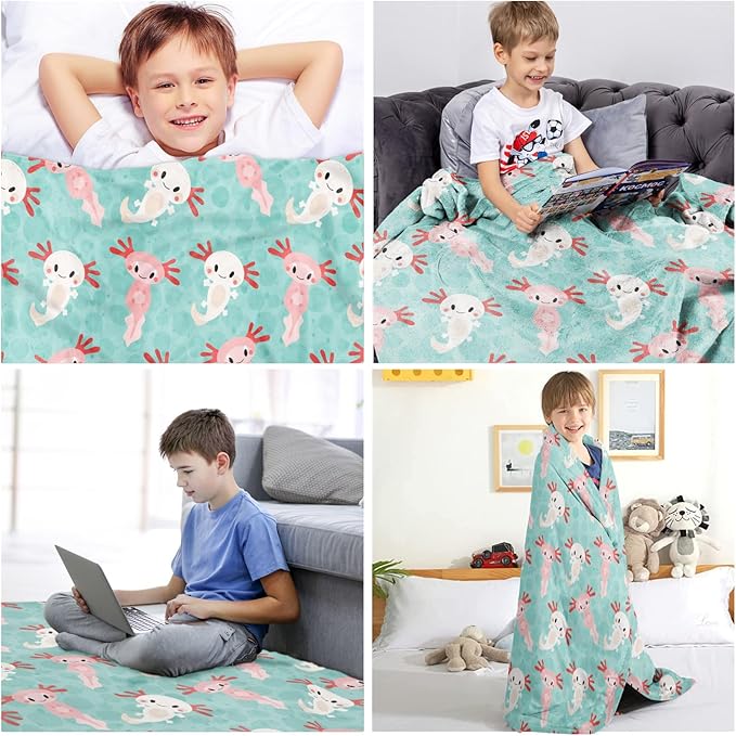Axolotls Blanket Axolotl Present Soft Flannel Lightweight Axolotl Throw Blanket for Kids Girls Boys All Season Cartoon Salamander Blankets for Sofa Couch Bed Decorative Axolotls Green Blanket
